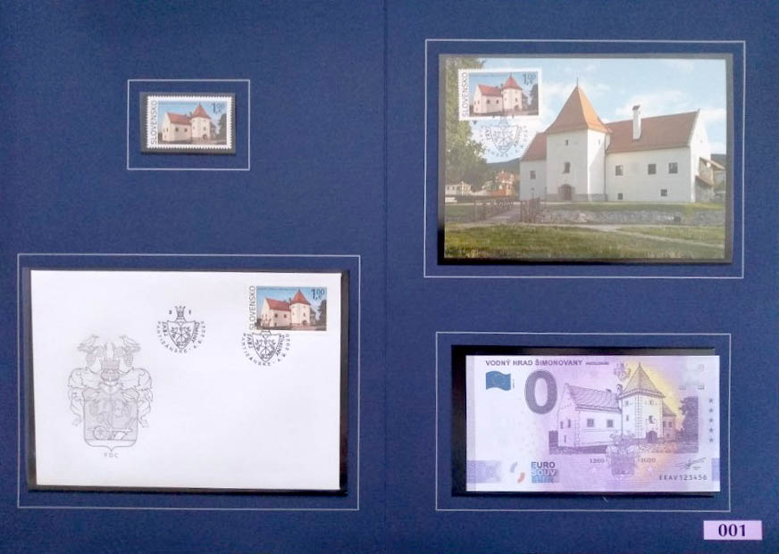 Suvenírová eurobankovka Vodný hrad poštová známka karta Maxima pohľadnica obálka FDCset